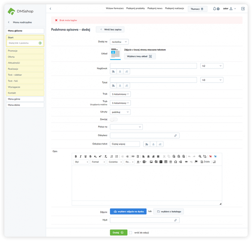 Przykłady specyfikacji podstrony opisowej